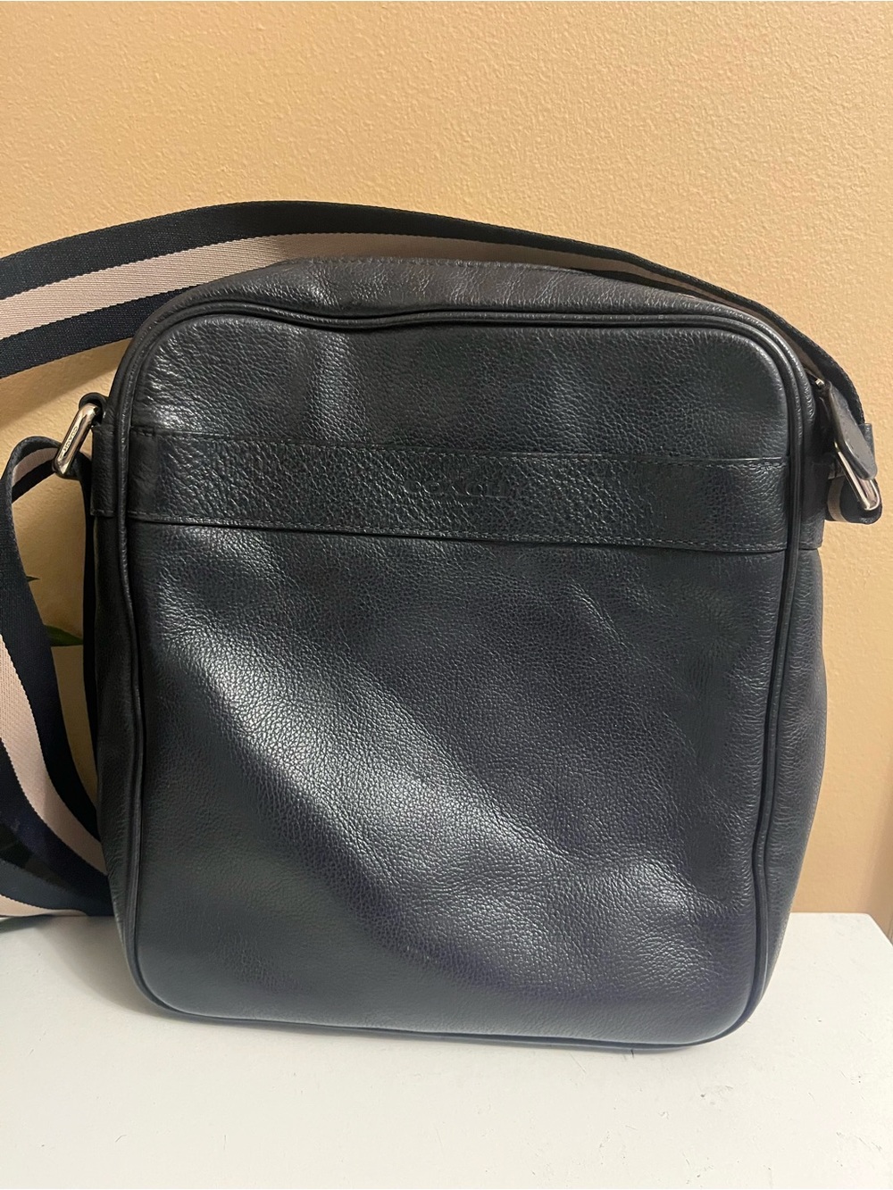 Unisex Dark Navy Leather Crossbody Bag with Striped Strap